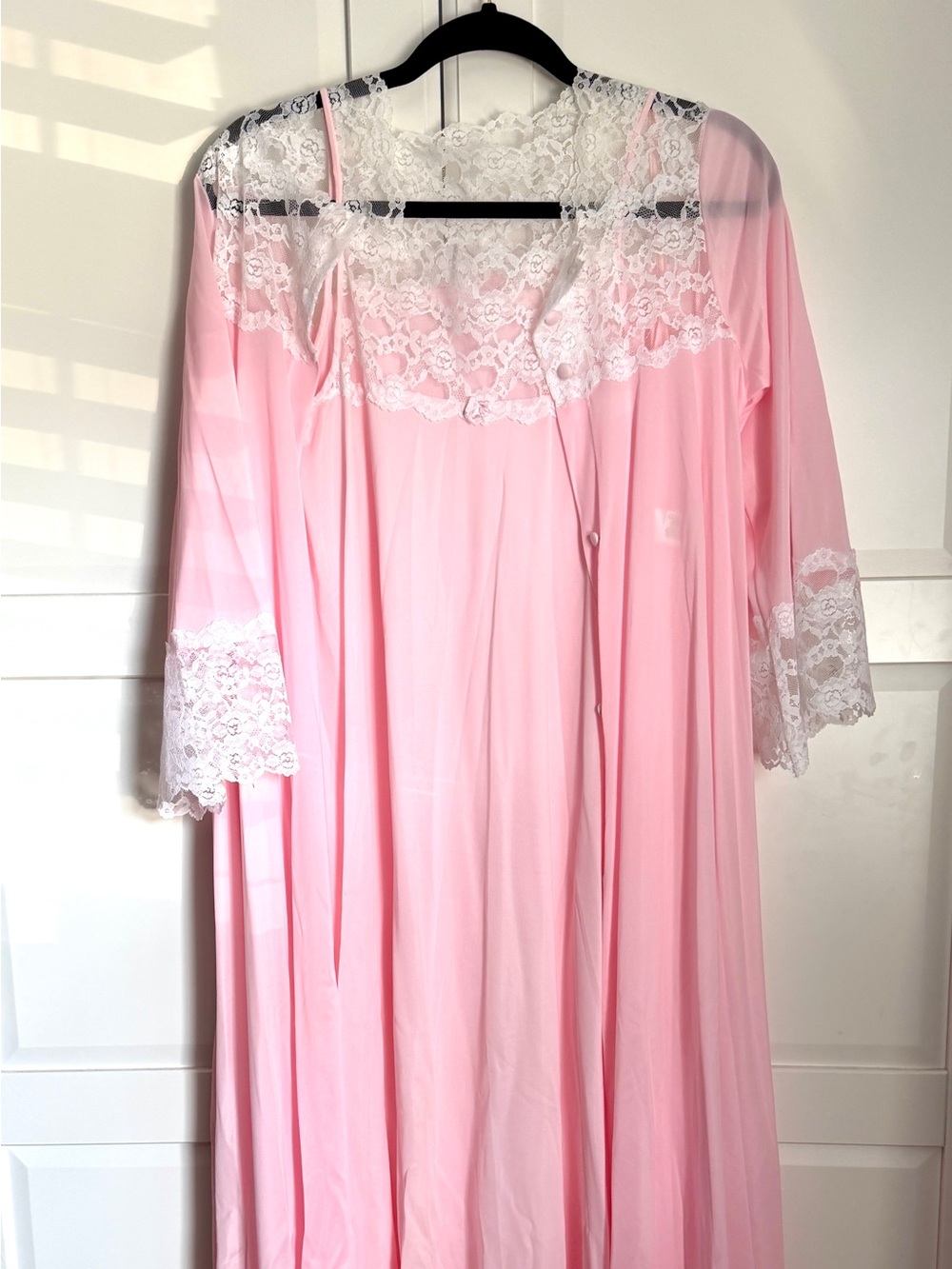 VTG Miss Elaine Nylon Peignoir Set Small Pink Lace Robe Nightgown ILGWU Union